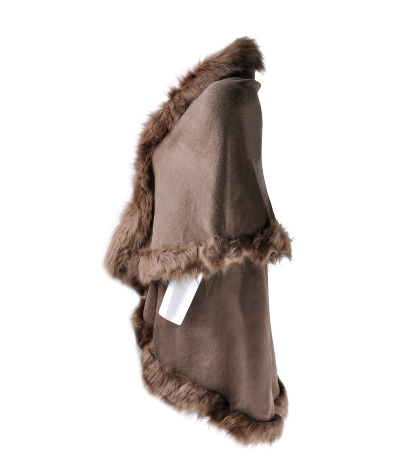 ZLYC Women Fine Knit Open Front Faux Fur Trim Layers Poncho Cape Cardigan Sweater, Khaki - Image 4